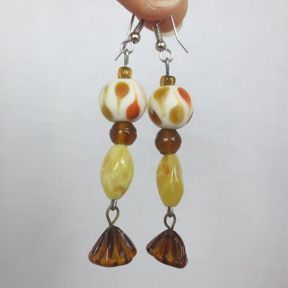 Alex 8 Art Jewelry - New Brown & Amber Glass Floral Dangle Earrings
